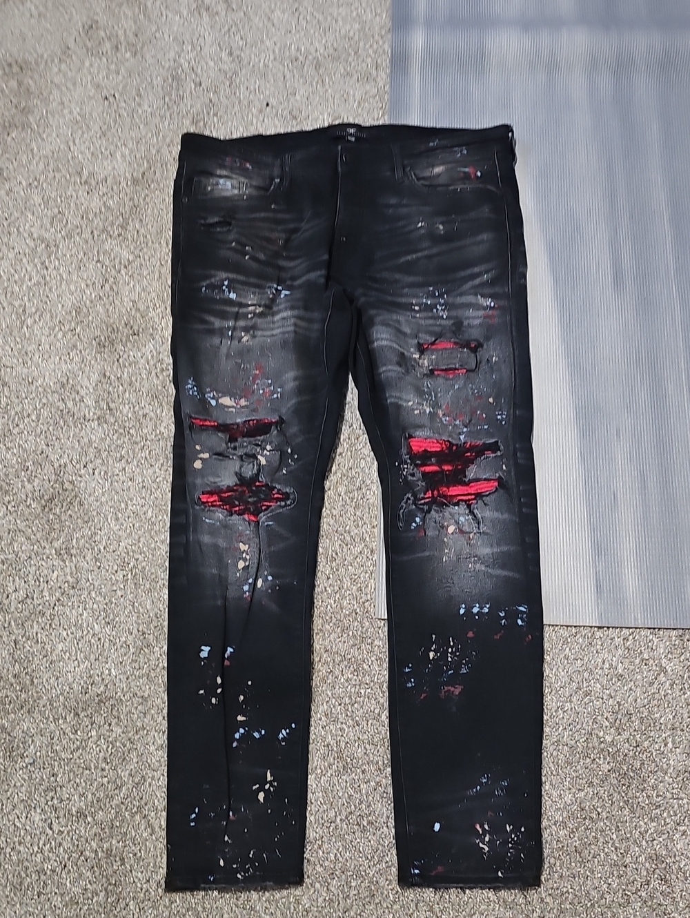 Black Distressed Men's Jeans with Red Underlay